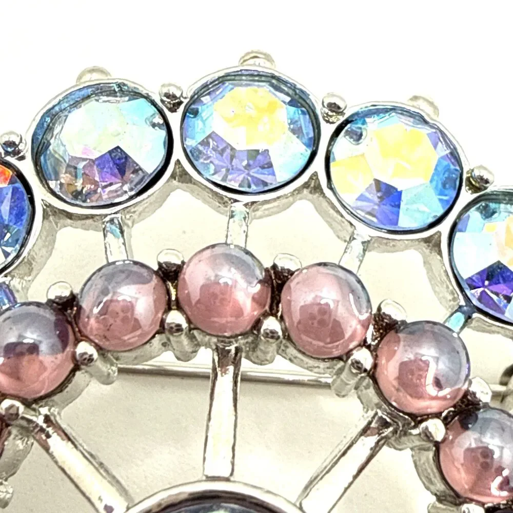 Vintage Blue Aurora Borealis Rhinestone Brooch Purple Moonstone Accents 2 1/8